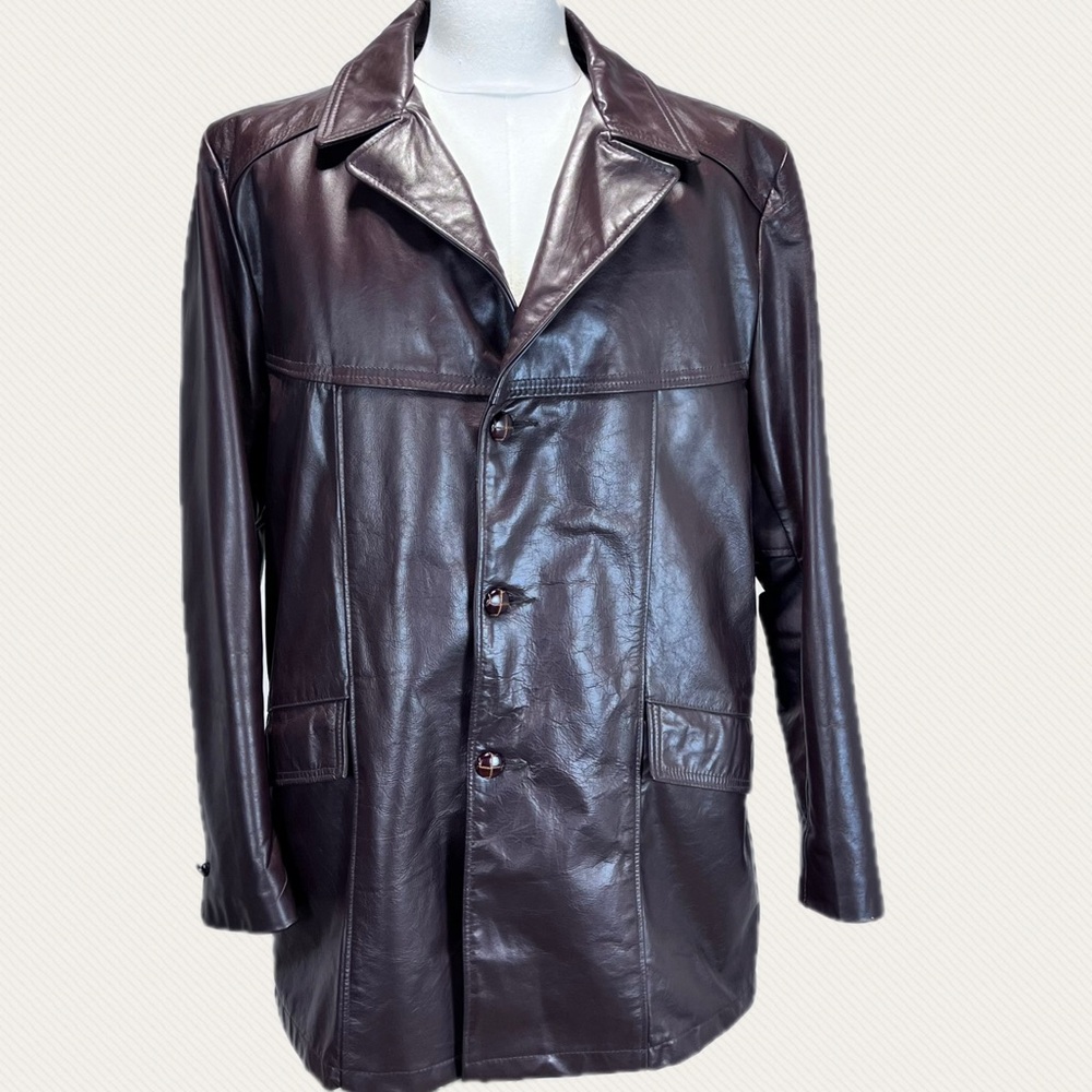 VINTAGE 70s Sears men’s leather‎ coat jacket zip in lining blazer collar 44 tall